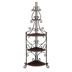 Decmode 69 Inch Eclectic Three-Shelf Iron and Wood Scrolled Corner Rack, Bronze