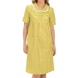 Women's Short Sleeve Embroidered Gingham Comfortable House Dress