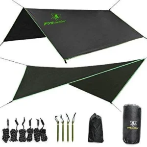 hammock rain fly tent tarp for camping. essential survival gear. stakes included. compact, lightweight. fast easy setup. made from 210t ripstop polyester taffeta (10' (l) x 10' (w))