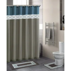 Home Dynamix Designer Bath Shower Curtain and Bath Rug Set: DB15D-329 Diamond Blue-Beige: 15 Piece Bath Set