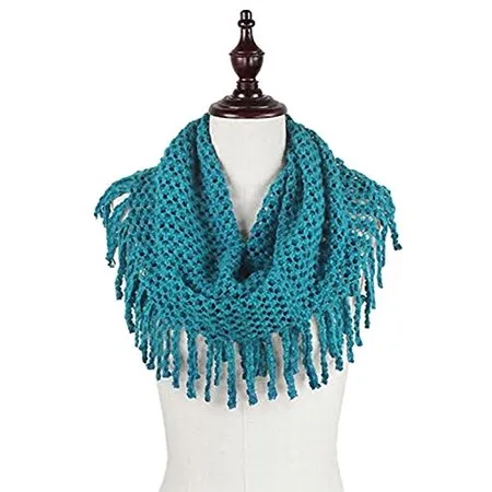 StylesILove Two Tone Womens Winter Warm Mini Tube Infinity Scarf With Fringe (One Size Fits All, Turquoise)