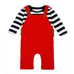 StylesILove Baby Boy Chic Shirt and Lined Overalls 2-pc Clothing Set (6-12 Months, Striped Top Navy-White-Red)