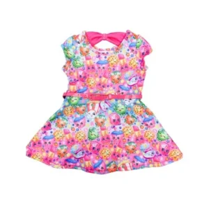 Shopkins Girls' Scuba Skater Dress w/Belt and Bow In the Back Pink