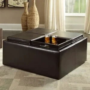 Cocktail Storage Ottoman with 4 Trays, Dark Brown Faux Leather