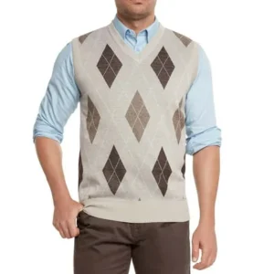 True Rock Men's Argyle V-Neck Sweater Vest (Beige/Brown, Small)