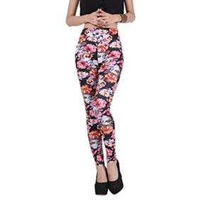 Pop Fashion Women Clothes Stretch Printed Leggings Footless Tights Ankle Pants (One Size - Regular, Flowers - Pink, Orange, White)