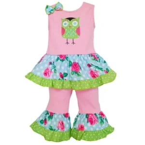 AnnLoren Boutique Spring Time Pink Owl Tunic & Capri Outfit Girls Clothing