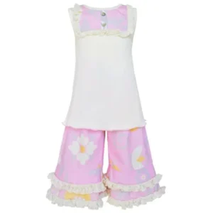 AnnLoren Boutique Girls Pink & Gray Floral & Lace Tank & Capri Clothing Set