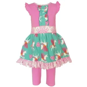 AnnLoren Girls Boutique Pink Unicorn Dress and Capri Clothing Set