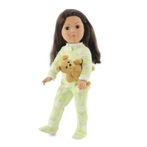 18 Inch Doll Clothes | Soft Green Footed Heart PJs Pajamas and Teddy Bear | Clothes Fit American Girl Dolls | Onesie Style. Gift-boxed!