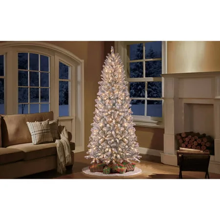 Holiday Time Pre-Lit 9' Slim Winter Frost Pine Artificial Christmas Tree, Clear Light