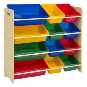 Best Choice Products 4-Tier Kids Playroom Wood Toy Storage Organizer Shelves w/ 12 Easy-To-Clean Plastic Bins - Multi