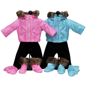 Set of Two Complete Bitty 15 Inch Baby Doll Twin Pink & Blue Winter Clothes. Two 6 piece Outdoor Ski Outfits