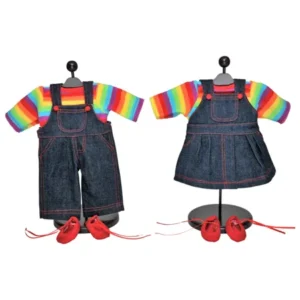 Set of Two 15 Inch Doll Clothes for Bitty Twins Rainbow. Outfit Skirt & Overalls, 2 Shirt and 2 Pair Shoes