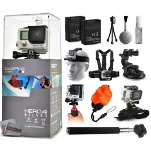 GoPro Hero 4 HERO4 Silver Edition CHDHY-401 with 2 Batteries + Selfie Stick + Head Strap + Chest Strap + Car Dash Mount + Wrist Strap + Opteka HG1 + Floating Strap + Cleaning Kit