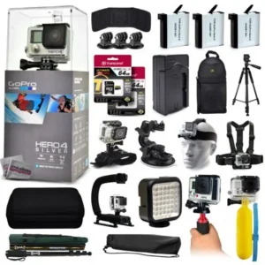 "GoPro Hero 4 HERO4 Silver CHDHY-401 with 128GB Memory + 3x Batteries + Travel Charger + Backpack + 60"" Tripod + Head/Chest Strap + Suction Cup + Hand Glove + LED Light + Stabilizer + Case + More!"