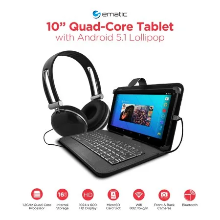 Ematic 10" 16GB Tablet Android 5.1 w/ Keyboard Folio Case & Headphones
