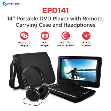 Ematic 14" Portable DVD Player with Remote, Carrying Case & Headphones - Black
