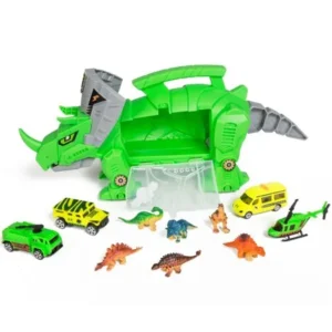 Best Choice Products Kids Triceratops Toy Car Carrier Holder Set w/ Carrying Handle, Wheels, 4 Vehicles, 6 Dinosaurs