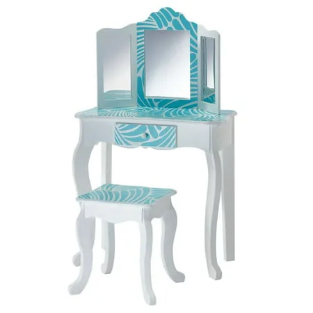 Teamson Kids - Fashion Tropical Prints Gisele Play Vanity Set - Aqua Blue / White