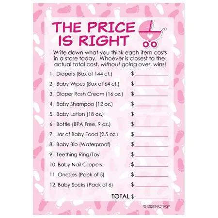 Pink Girl Baby Shower Game - The Price Is Right (Set of 20)