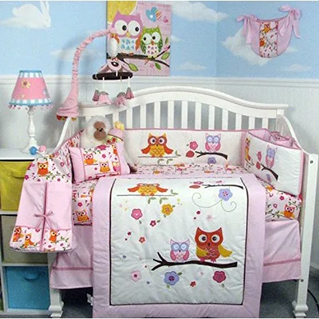SoHo Pink Dancing Owls Baby Crib Nursery Bedding Set 4 pcs + 4 pcs Diaper Bag set (Total 8 Pcs Set)