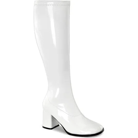 Womens Knee High Boots White GOGO 3 Inch WIDE CALF Sexy Block Heel Knee Boot Pat