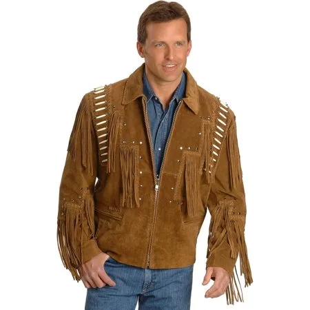 Liberty Wear Men's Bone Fringed Leather Jacket Big And Tall - 483-Tobacco_X