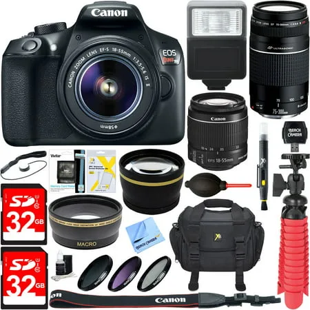 Canon EOS Rebel T6 Digital SLR Camera w/ EF-S 18-55mm IS + EF-S 75-300mm Lens Bundle includes Camera, Lenses, Bag, Filter Kit, Memory Cards, Tripod, Flash, Cleaning Kit, Beach Camera Cloth and More