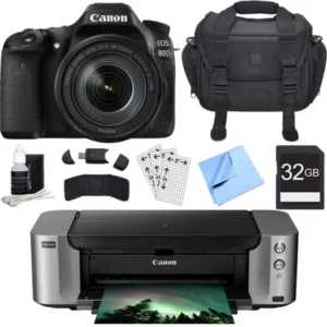 Canon EOS 80D DSLR Camera w/ EF-S 18-135mm Lens + PIXMA PRO-100 Printer Bundle includes Camera, Printer, Bag, 32GB SDHC Card, Reader, Wallet, Screen Protectors, Cleaning Kit and Beach Camera Cloth