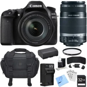 Canon EOS 80D CMOS DSLR Camera w/ EF-S 18-135mm Lens + 55-250mm Telephoto Lens Bundle includes Camera, Lenses, 32GB SDHC Memory Card, Reader, Wallet, Battery, Charger, Beach Camera Cloth and More!