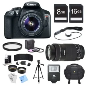 Canon EOS Rebel T6 DSLR Camera with 18-55mm, 55-250nmm Lenses and Accessory Bundle - Includes Camera, 2 Lenses, Memory Card, Filter Kit, Filter, Case, Flash, Tripod, Cap Keeper, and More