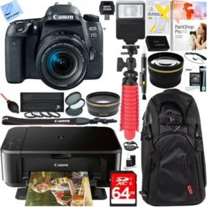Canon EOS 77D 24.2 MP DSLR Camera Wi-Fi & Bluetooth with EF-S 18-55mm IS STM Lens (1892C016) and Canon Pixma MG3620 Wireless Inkjet All-In-One Multifunction Photo Printer 64GB Accessory Bundle