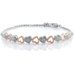 Diamond Accent Sterling Silver and 14kt Pink Gold Plated Heart Adjustable Bracelet