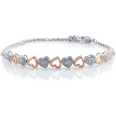 Diamond Accent Sterling Silver and 14kt Pink Gold Plated Heart Adjustable Bracelet