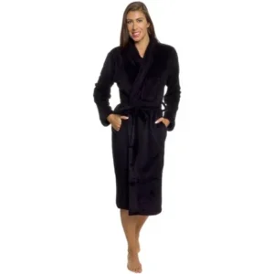 Silver Lilly Women Black Plush Wrap Kimono Bath Robe Loungewear w Tie Belt (L/XL)