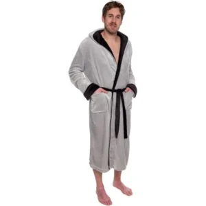 Mens Hooded Two Tone Plush Kimono Bathrobe Robe