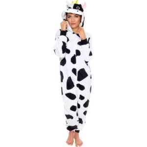 Slim Fit Animal Pajamas - Adult One Piece Cosplay Cow Costume by Silver Lilly (Black / White, X-Large)