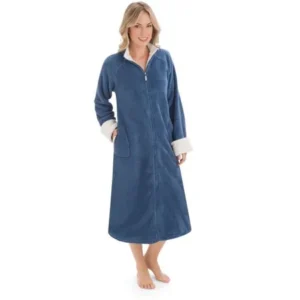 Women's Zip Front Plush Knit Robe, Medium, Navy