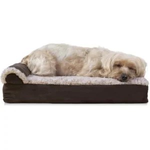 FurHaven Pet Dog Bed | Deluxe Orthopedic Faux Fur & Suede L-Shaped Chaise Couch Pet Bed for Dogs & Cats, Espresso, Small