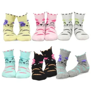 TeeHee Kids Girls Cotton Fashion Animals Face Design Socks 6 Pair Pack (Cat's Face)