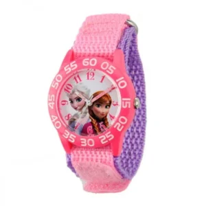 Disney Frozen Anna & Elsa Girls' Plastic Case Watch, Pink Nylon Strap