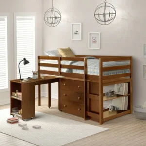 Harper&Bright Designs 4-Piece Wood Twin Loft Bed with Desk, Chest and Shelf, Multiple Storage, Walnut