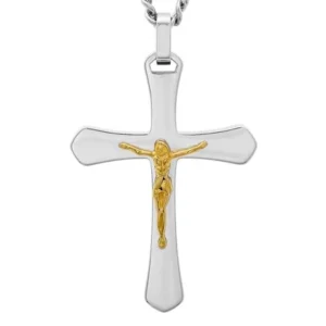 Men's Two-Tone Stainless Steel Crucifix Cross with 24" Curb Chain - Mens Pendant