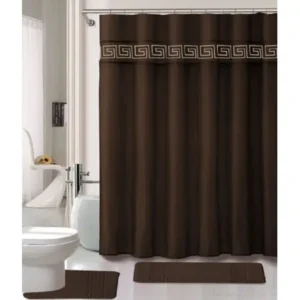 15 Piece Memory Foam Bath Rug Set Bathroom Rugs with Fabric Shower Curtain and Decorative Rings (Coffee)