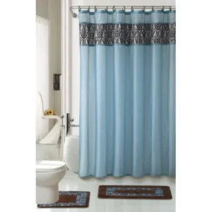 4 Piece Luxury Majestic Flocking Blue Bath Rug Set/ 3 Piece Bathroom Rugs with Fabric Shower Curtain and Matching Rings