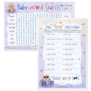 Baby Shower Two Games In One - Baby Word Search and Baby Firsts Unscramble - 18 Count