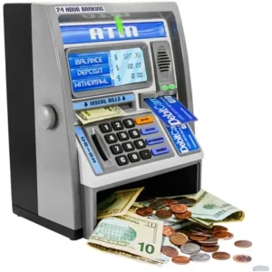 Ben Franklin Toys Kids Talking ATM Machine Savings Bank with digital screen and electronic coin counter, Silver