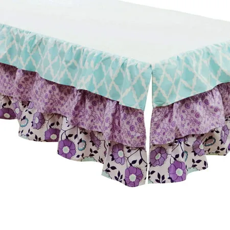 The Peanut Shell Baby Girl Crib Skirt - 3-Layer Purple and Aqua Floral - Zoe Dust Ruffle