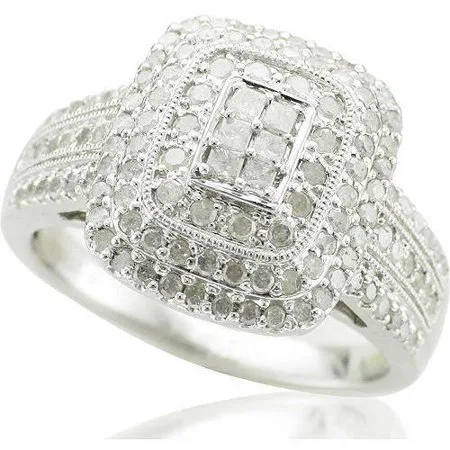 1 Carat T.W. Princess & Round Cut Diamond Ring in Sterling Silver
